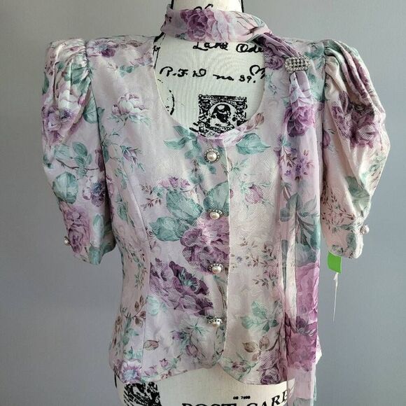 VTG rare deadstock 80s floral blouse puff sleeve attached scarf regency cottage - Picture 1 of 14